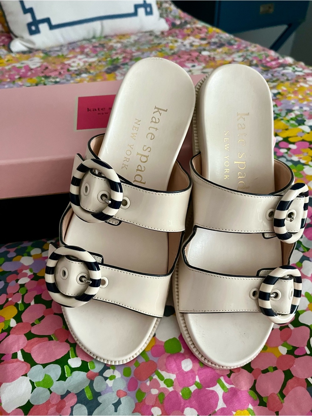 kate spade Cream Leather Double-Strap Sandals with Navy Striped Buckle Accents